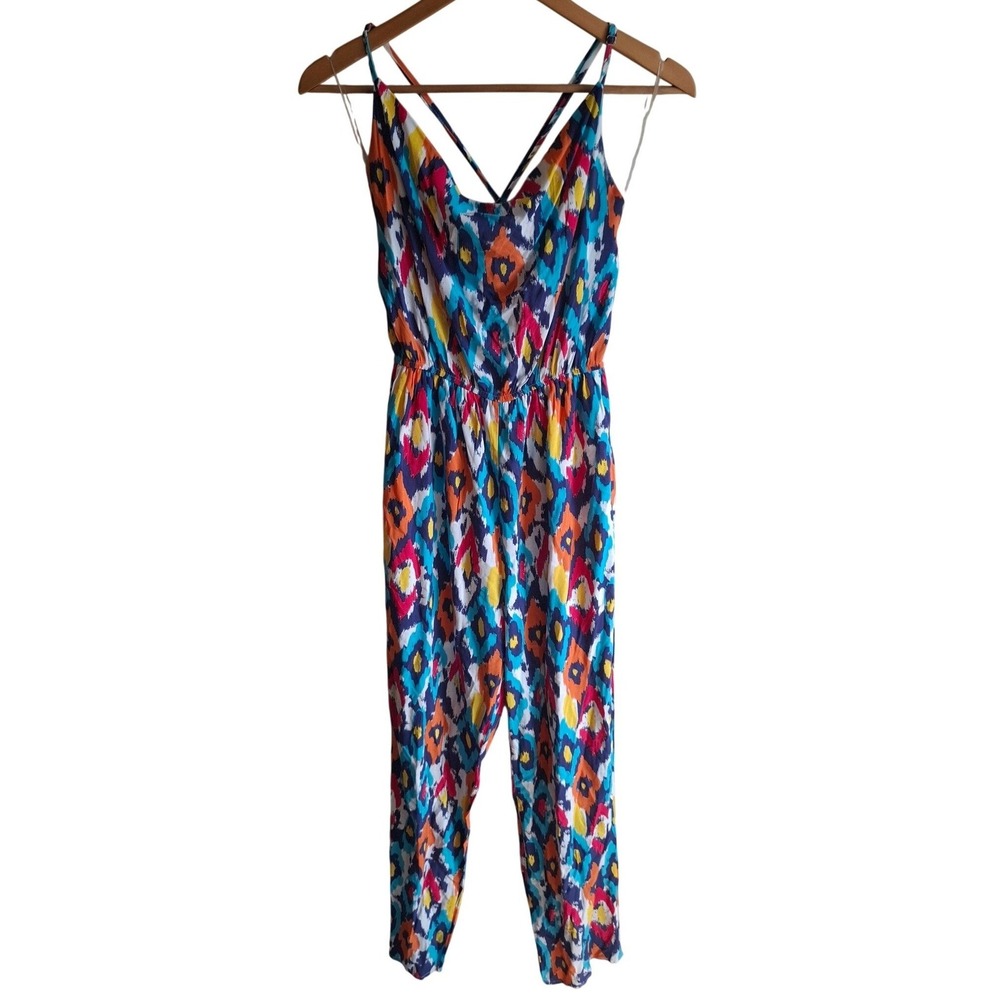 Emily Wonder Boho Festival Bold Abstract Jumpsuit Retro Cowl Cross Halter Sz S